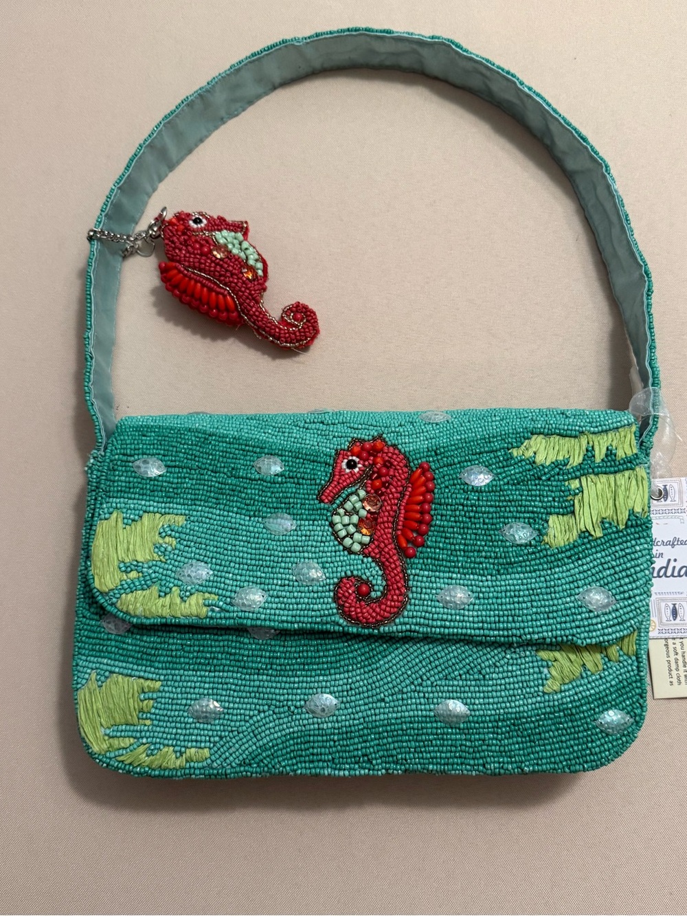 India Beaded Bag Red Seahorse with Seahorse Bag Charm